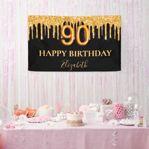 90th birthday black gold glitter party banner