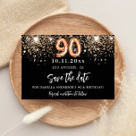 90th birthday black gold glitter save the date announcement postcard<br><div class="desc">A girly and trendy Save the Date for a 90th birthday party. A black background decorated with faux gold glitter. Personalize and add a date and name,  text.   The text: Save the Date is written with a large trendy hand lettered style script.</div>