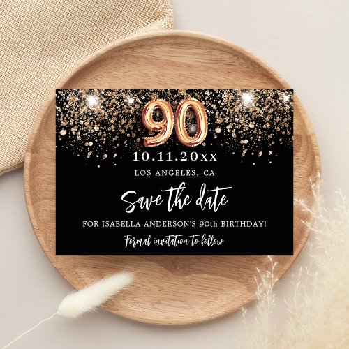 90th birthday black gold glitter save the date announcement postcard