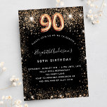 90th birthday black gold glitter sparkles invitation postcard<br><div class="desc">A modern,  stylish and glamorous invitation for a 90th birthday party.  A black background decorated with faux gold glitter,  sparkles. The name is written with a modern hand lettered style script.  Personalize and add your party details.  Number 90 is written with a balloon style font,  script.</div>