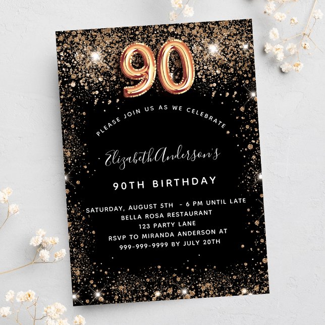 90th birthday black gold glitter sparkles invitation postcard (Creator Uploaded)