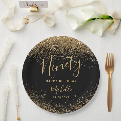 90th Birthday Black Gold Glitter Sparkles Name Paper Plates