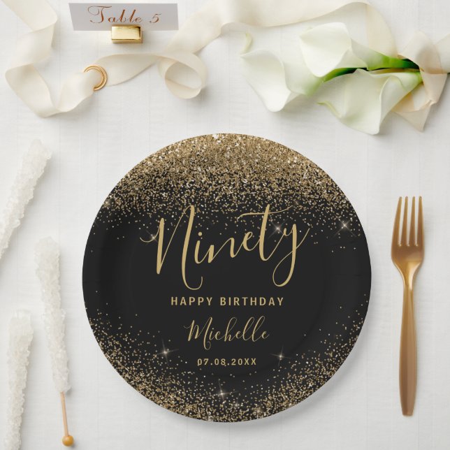 90th Birthday Black Gold Glitter Sparkles Name Paper Plates (Wedding)