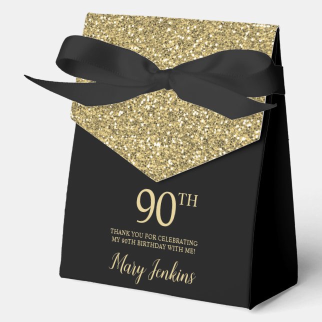 90th Birthday Black Gold Glitter Thank You Favor Boxes (Front)