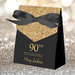 90th Birthday Black Gold Glitter Thank You Favor Boxes<br><div class="desc">This fabulous modern 90th Birthday Black Gold Glitter Thank You favor box with sparkling gold glitter, the birthday girl's name in a trendy script font, and tied with an elegant black bow would be perfect for your event. It would be great for a candy station, on a thank you gift...</div>