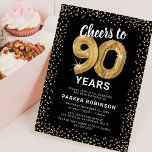 90th Birthday Black Gold Invitation<br><div class="desc">Elegant ninetieth birthday party invitation featuring a stylish black background that can be changed to any color,  gold sparkly glitter,  ninety gold hellium balloons,  and a modern 90th birthday celebration text template that is easy to personalize.</div>