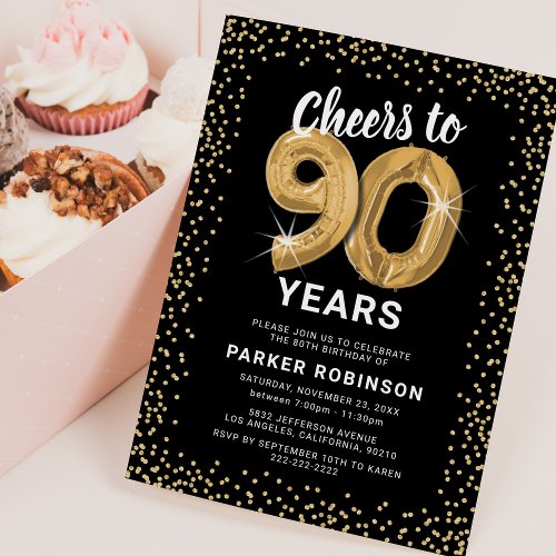 90th Birthday Black Gold Invitation