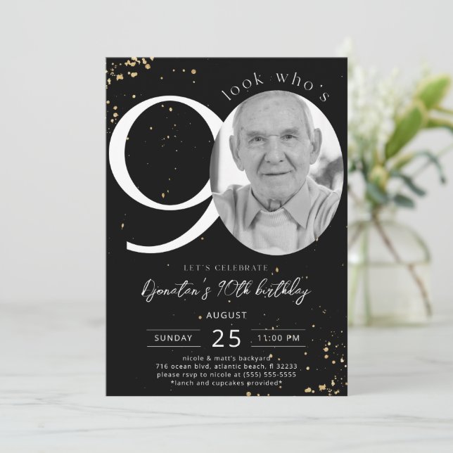 90th Birthday Black Gold Invitation Card Photo (Standing Front)