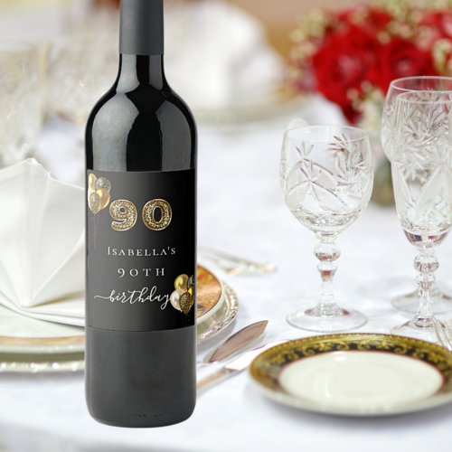 90th birthday black gold leopard animal wine label