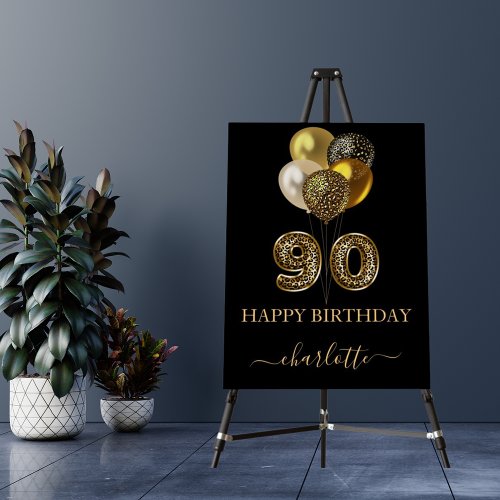 90th birthday black gold leopard name script foam board