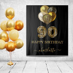 90th birthday black gold leopard name script tapestry<br><div class="desc">A tapestry for a glamorous 90th birthday party. A black background, decorated with balloons. With the text: Happy Birthday. Personalize and add a name. The name is written in dark rose gold with a modern hand lettered style script with swashes. Number 90 is written with a trendy balloon style font,...</div>