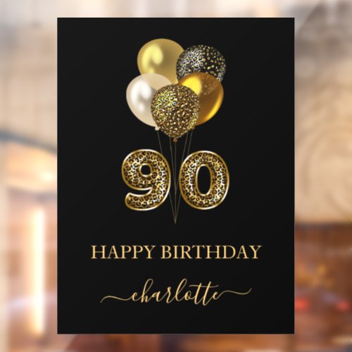 90th birthday black gold leopard name script window cling