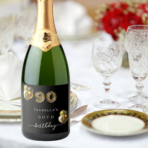 90th birthday black gold leopard print balloons sparkling wine label