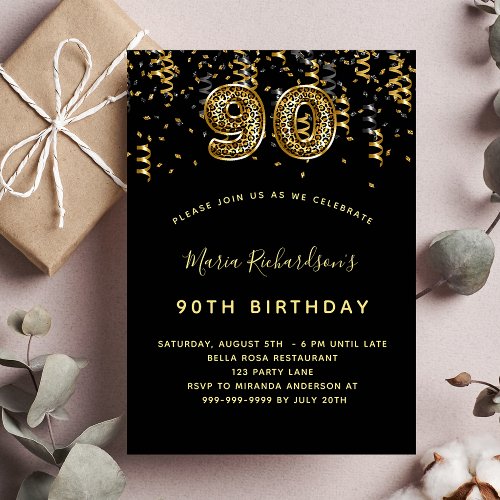 90th birthday black gold leopard print confetti invitation