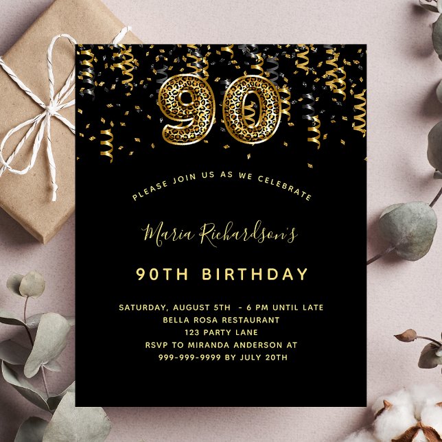 90th birthday black gold leopard print invitation (Creator Uploaded)