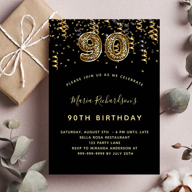90th birthday black gold leopard print invitation postcard (Creator Uploaded)