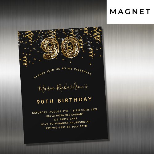 90th birthday black gold leopard print luxury magnetic invitation