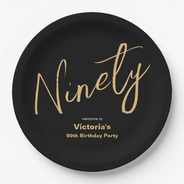 90th Birthday Black Gold Modern Typography Custom Paper Plates (Front)