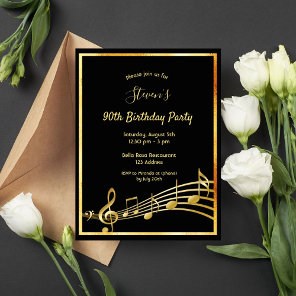 90th birthday black gold music notes invitation