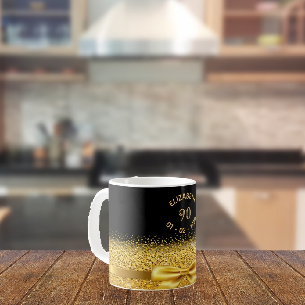 Discover 90th birthday black gold name classic elegant bow coffee mug