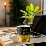 90th birthday black gold name classic elegant coffee mug<br><div class="desc">Elegant, classic, glamorous and feminine. A gold colored ribbon and bow with golden glitter and sparkle, a bit of bling and everyday luxury. Black background. The Perfect gift for a 90th birthday! Templates for a name, age 90 and date of birth and the anniversary date. Golden letters. The name is...</div>