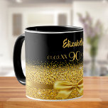 90th birthday black gold name classic elegant mug<br><div class="desc">Elegant, classic, glamorous and feminine. A gold colored ribbon and bow with golden glitter and sparkle, a bit of bling and everyday luxury. Black background. The Perfect gift for a 90th birthday! Templates for a name, age 90 and date of birth and the anniversary date. Golden letters. The name is...</div>