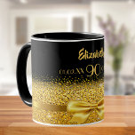90th birthday black gold name classic elegant mug<br><div class="desc">Elegant,  classic,  glamorous and feminine.  A gold colored ribbon and bow. Black background. The Perfect gift for a 90th birthday! Templates for a name,  age 90 and date of birth and the anniversary date. Golden letters.  The name is written with a modern hand lettered style script.</div>