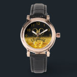 90th birthday black gold name elegant bow watch<br><div class="desc">Elegant, classic, glamorous and feminine. A faux gold colored bow and ribbon with golden glitter and sparkle, a bit of bling and luxury for a birthday gift or keepsake. Black background. Templates for her name, and the age 90. The name is written with a modern hand lettered style script. Golden...</div>