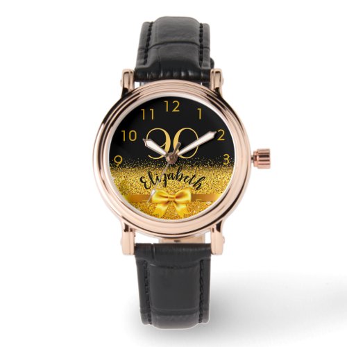 90th birthday black gold name elegant bow watch