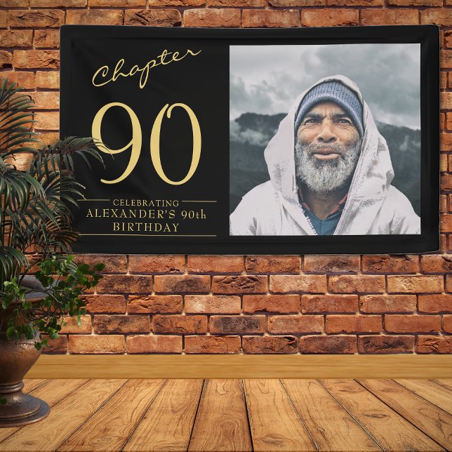 90th Birthday Black Gold Photo Banner (Make that 90th birthday party really special with a unique personalized black and gold wall banner.)