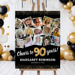 90th Birthday Black Gold Photo Party Foam Board<br><div class="desc">Elegant 90th birthday party picture foam board sign featuring a stylish black background that can be changed to any color,  a 15 photo collage through the years,  the saying 'cheers to 90 years',  gold glitter edges,  their name,  and the date of the celebration.</div>