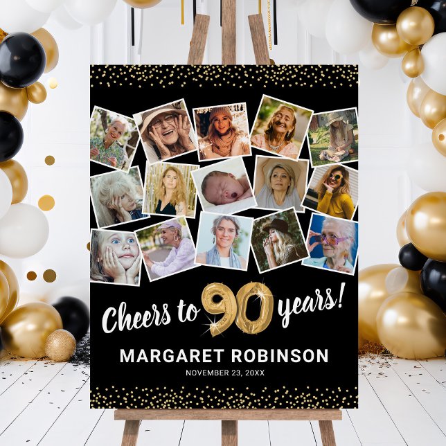 90th Birthday Black Gold Photo Party Foam Board (Creator Uploaded)