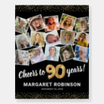 90th Birthday Black Gold Photo Party Foam Board<br><div class="desc">Elegant 90th birthday party picture foam board sign featuring a stylish black background that can be changed to any color,  a 15 photo collage through the years,  the saying 'cheers to 90 years',  gold glitter edges,  their name,  and the date of the celebration.</div>