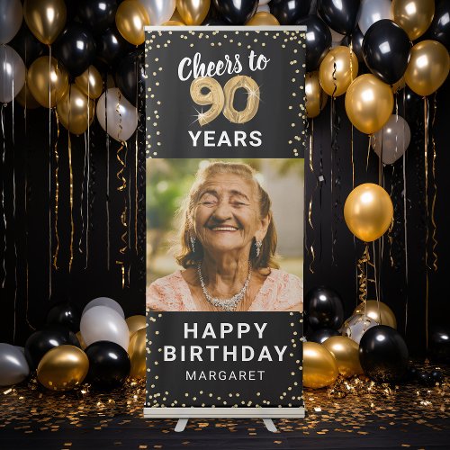 90th Birthday Black Gold Photo Retractable Banner