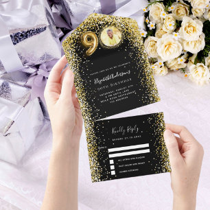 90th birthday black gold photo rsvp all in one invitation