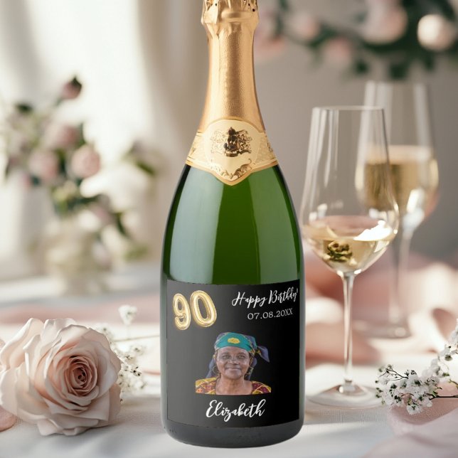 90th Birthday black gold photo Sparkling Wine Label (Creator Uploaded)
