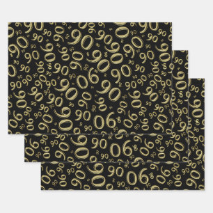 90th Birthday Black & Gold Random Number Pattern Wrapping Paper Sheets