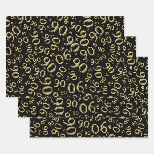 90th Birthday Black  Gold Random Number Pattern Wrapping Paper Sheets