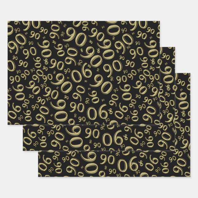 90th Birthday Black & Gold Random Number Pattern Wrapping Paper Sheets (Set)