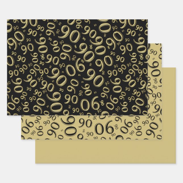 90th Birthday Black & Gold Random Number Pattern Wrapping Paper Sheets (Set)