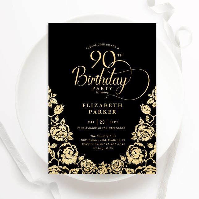90th Birthday Black Gold Roses Invitation (Creator Uploaded)