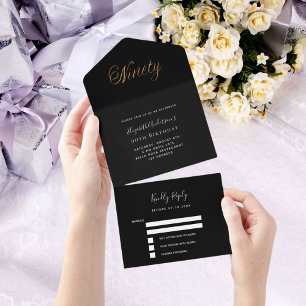 90th birthday black gold script rsvp all in one invitation