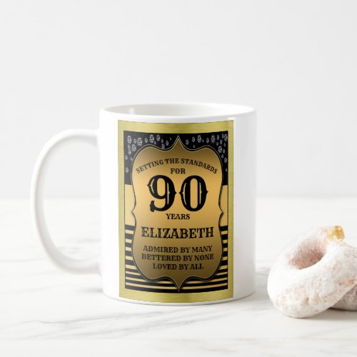 90th Birthday Black  Gold Shield Add Your Name Coffee Mug