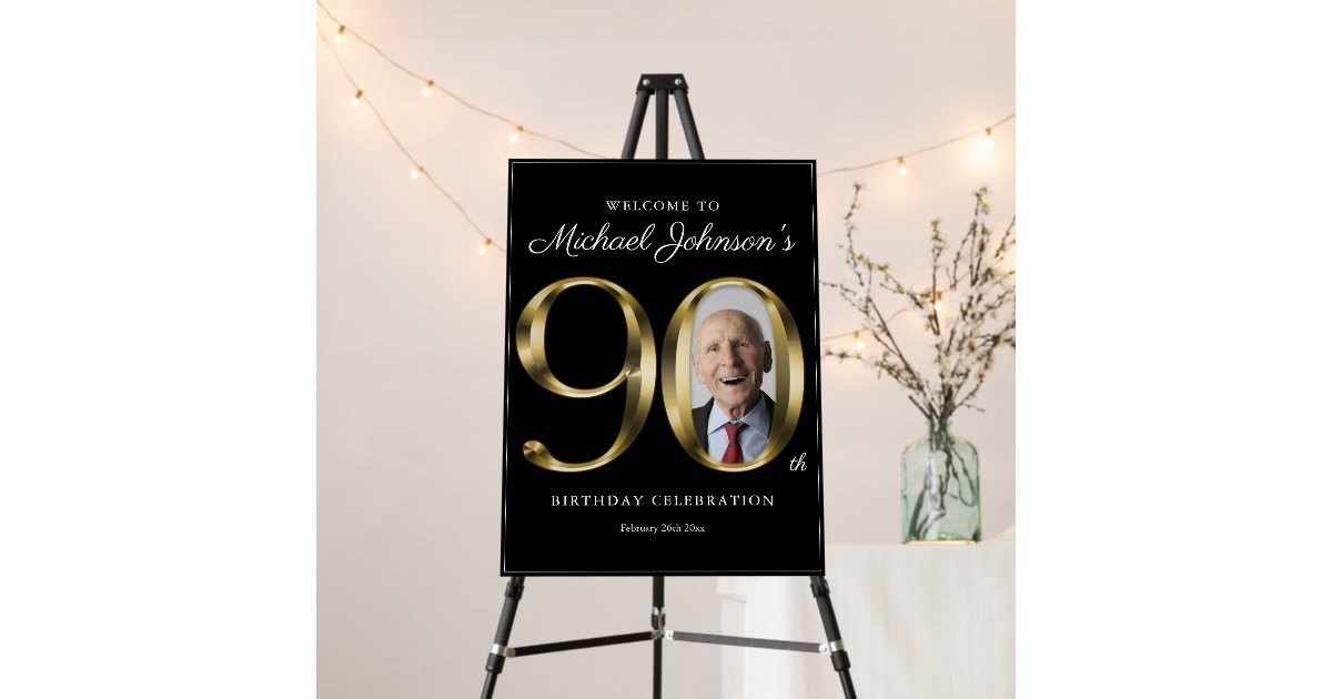 90th Birthday Black Gold Solid Text Photo Welcome Foam Board | Zazzle