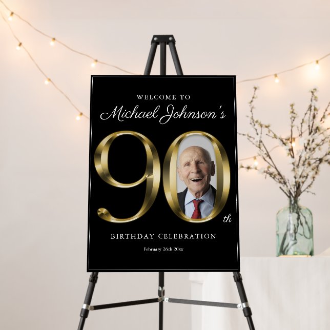 90th Birthday Black Gold Solid Text Photo Welcome Foam Board (In Situ (Stand))