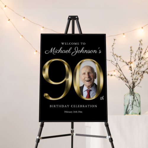 90th Birthday Black Gold Solid Text Photo Welcome Foam Board