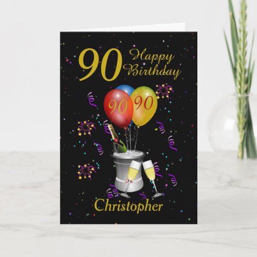 90th Birthday Black Gold Sparkling Wine Card