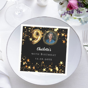 90th birthday black gold stars photo napkins