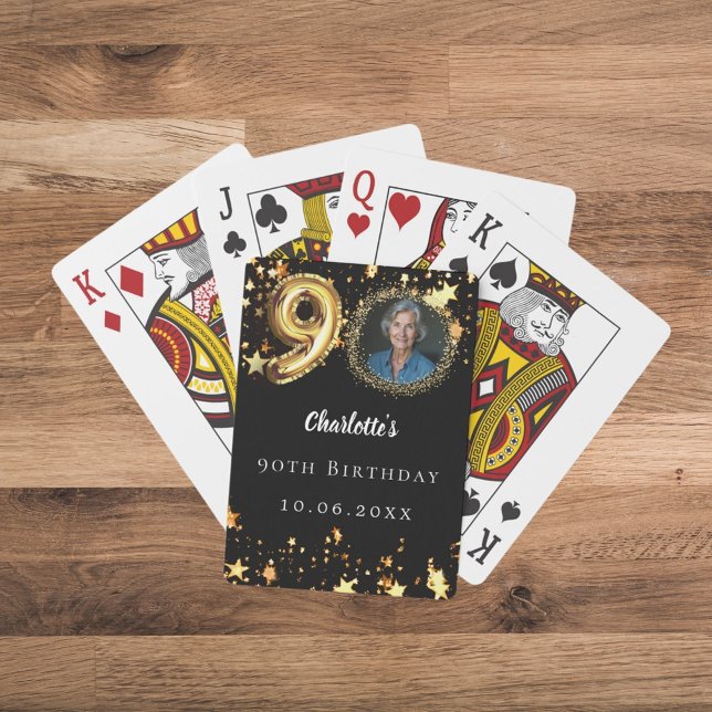 90th birthday black gold stars photo poker cards (Creator Uploaded)