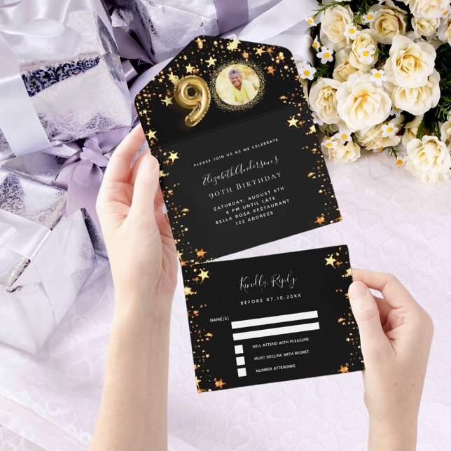90th birthday black gold stars photo rsvp all in one invitation (Creator Uploaded)